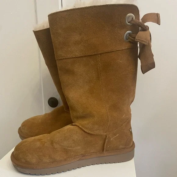 Koolaburra by UGG Andrah Tall Chestnut Suede Boots Lace Up Back 8 - Picture 2 of 6